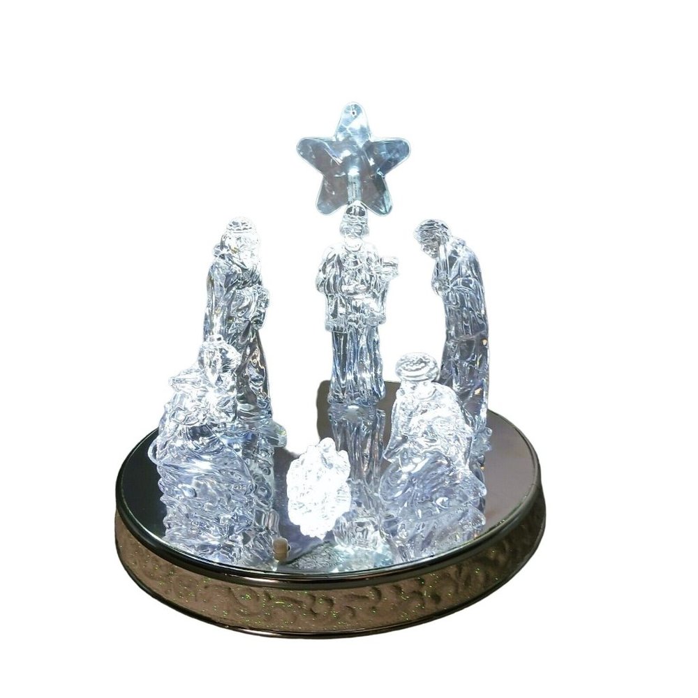 Vtg Cracker Barrel Musical Illuminating Nativity Scene Mirrored Base Plays Music